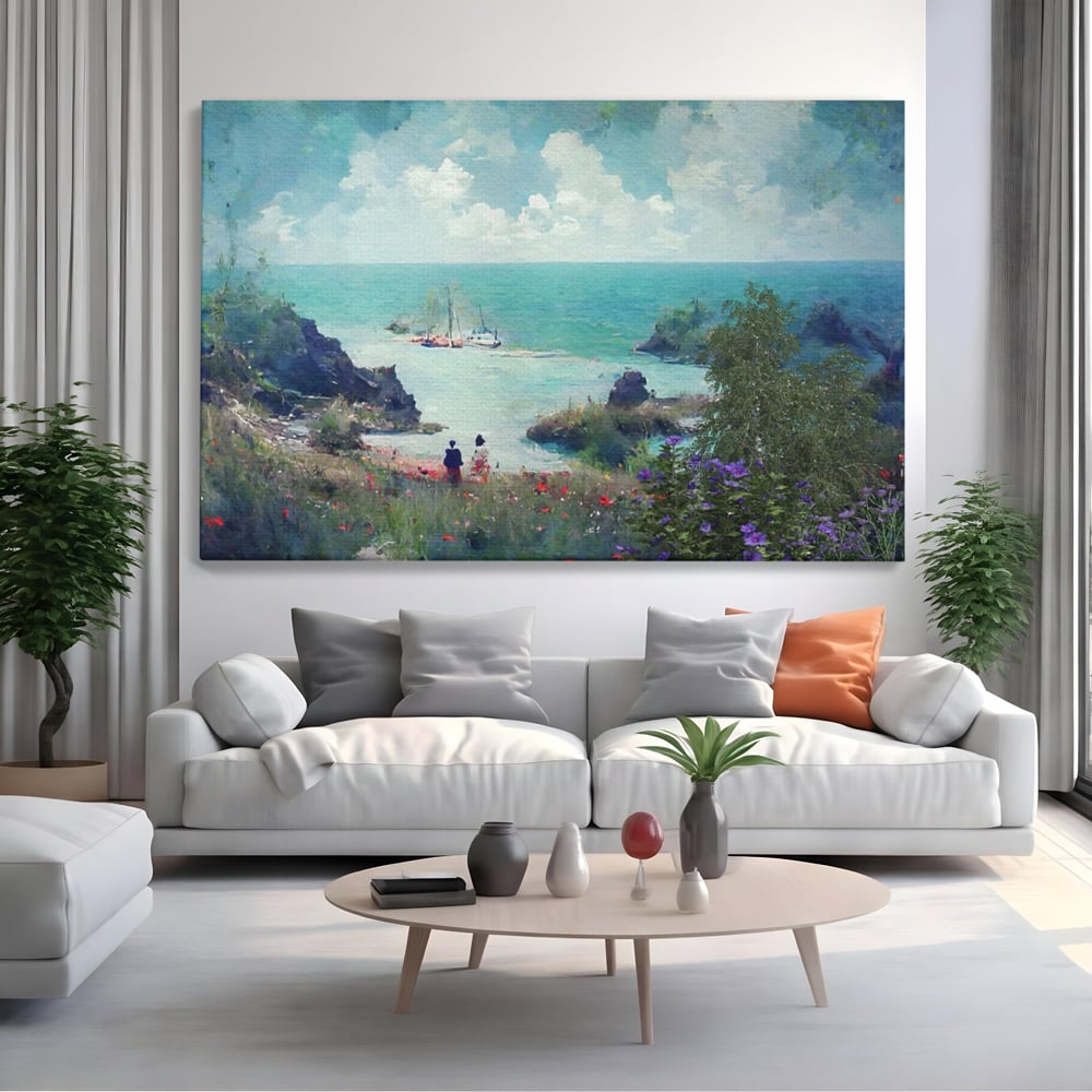 Tablou canvas cu pictura peisaj marin cu oameni si flori, fara rama, pe sasiu de lemn, pe perete intr-un living